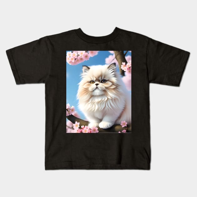 Persian cat in a cherry blossom tree - Modern digital art Kids T-Shirt by Ai-michiart